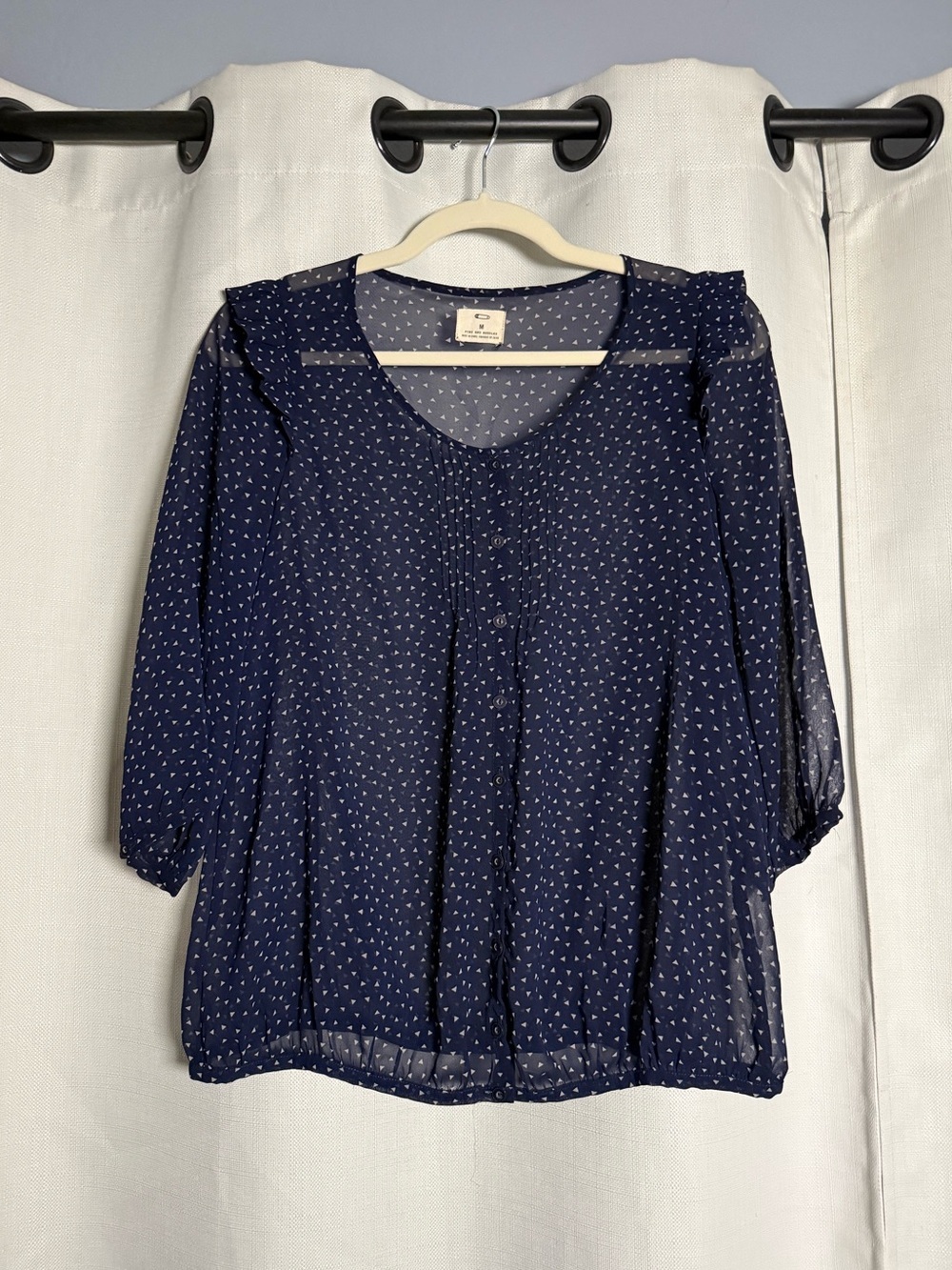 Pins And Needles Navy Blue and White Triangle Print Sheer Blouse Size Medium - Picture 2 of 7